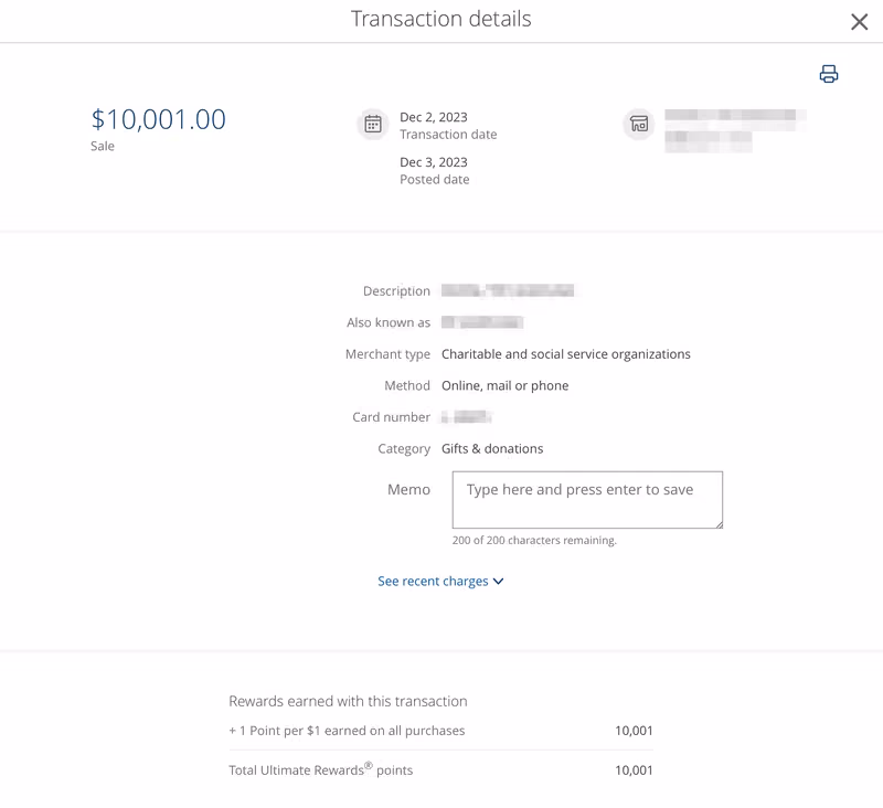 $10,001 donation → 10,001 Chase points, coded "Gifts & donations"
